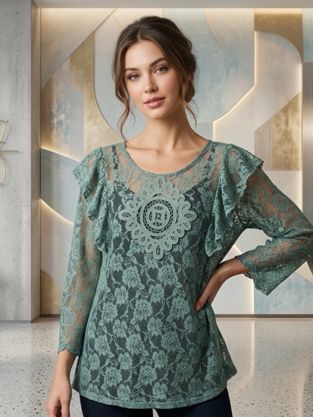 Umgee Sage Green Lace Tunic with Decorative Medallion